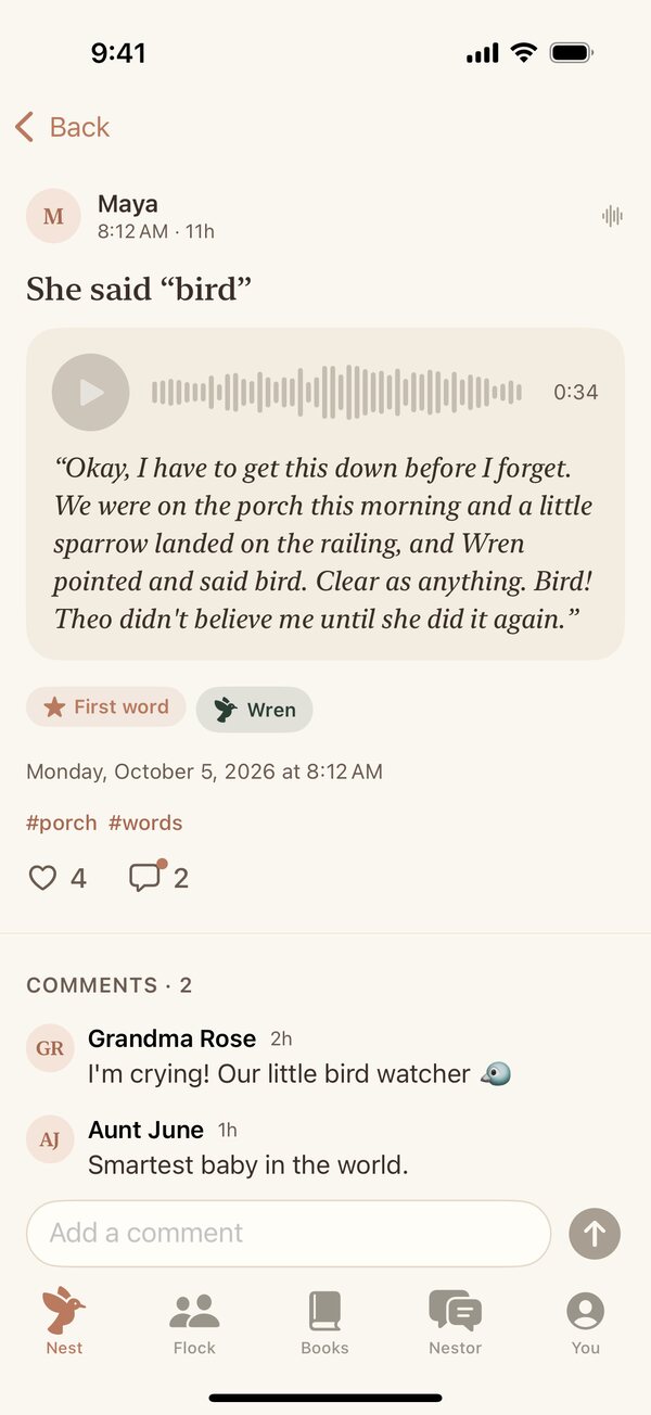 Nestory on iPhone: Maya’s voice memory “She said ‘bird’” with its transcript, a First word milestone, and comments from Grandma Rose and Aunt June.